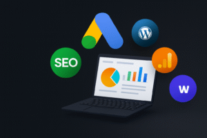 Image représentant les services d’une agence de marketing digital : SEO, publicité, réseaux sociaux, WordPress, Google Analytics et design numérique.